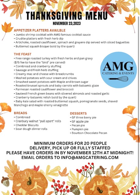 Catered Thanksgiving menu from AMG Catering & Events of Fairfield County, Connecticut