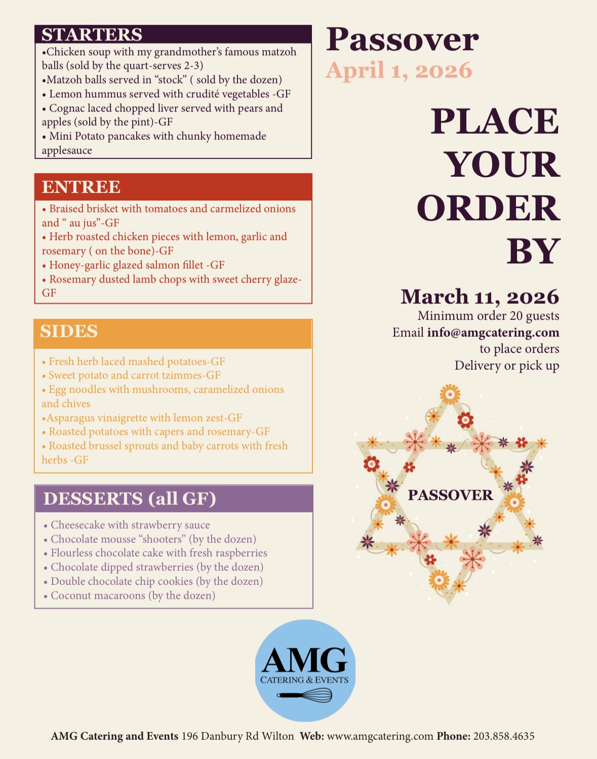 Passover 2026 Catering Menu from AMG Catering & Events