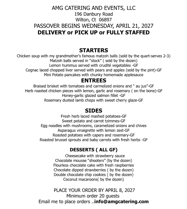 Passover 2027 Catering Menu from award-winning caterer AMG Catering & Events.